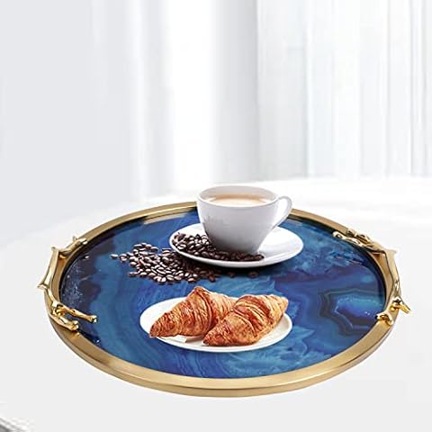 ZIKOUL Coffee Table Tray Decorative Tray Metal Modern Serving Tray with Handles Blue Agate Pattern for Perfume, Vanity, Bathroom, Bedroom, Living Room Cover