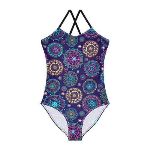 Floral Mandala Girls One Piece Swimsuits Flowers Sport Halter Swimwear Beach Bathing Suit 7-8T