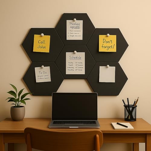Image of MMT Acoustix PinFelt Hexagon Bulletin Board - Set of 7 12x12 inch Felt Office Pin Board Tiles for Notes Reminders & Work Organisation Self-Adhesive, Pin-Friendly, Acoustic Panels for Wall (Ash)