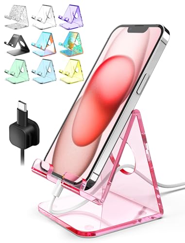 TOPGO Acrylic Cell Phone Stand Clear Phone Holder for Office Desk Vanity Kitchen Counter Bedside Table Compatible with iPhone 17 16 15 14 13 12 Pro Max Plus/Smartphones/iPad/Switch/Kindle(Pink)