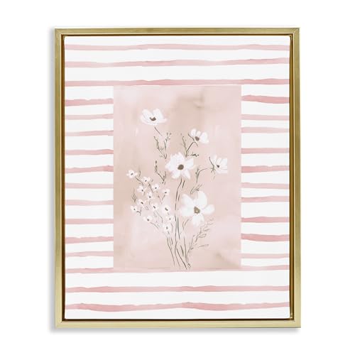 'White Cosmos on Pink Stripes'| Floating Frame Canvas Art