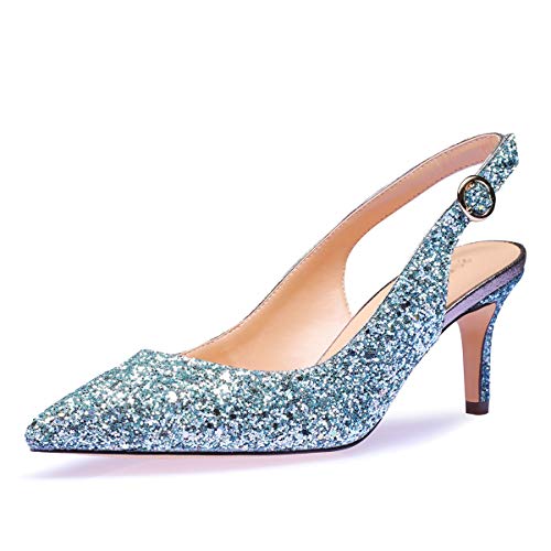 Castamere Zapatos de Tacón Mujer Medio Sandalias Mini Tacón de Aguja 6.5CM Azul Bling Zapatos EU 38.5