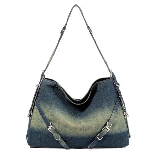 Image of Designer Denim Handbags for Women Hobo Tote Bag Crossbody Denim Purses Blue Jean Shoulder Bag
