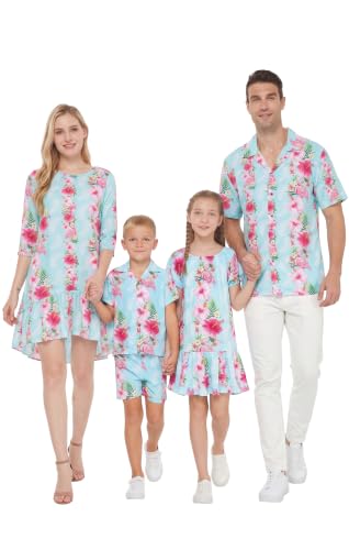 Image of Hawaii Hangover Family Matching Clothes, Pink Hibiscus Vine Turquoise | Family matching Hawaiian outfits, Pink Hibiscus Vine Turquoise, lightweight rayon, machine washable, tropical floral print