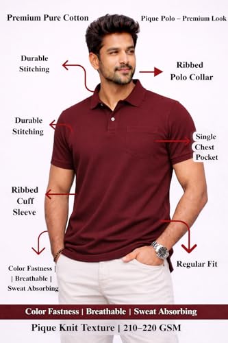 Image of Premium Pique Cotton Pocket Polo T-Shirt for Men | 210-220 GSM | Regular Fit | 2-Button Placket | Soft Breathable Fabric | XS-3XL