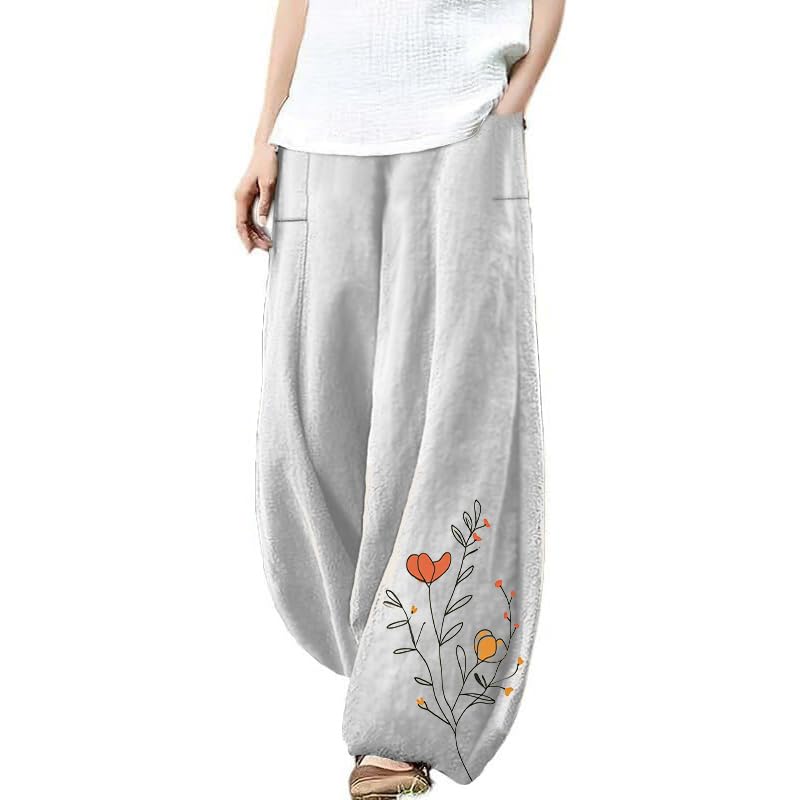 MARSVOVO Wide Leg Pants Woman Summer Palazzo Capri Culottes for Women Linen Floral Print Vintage Baggy Beach Trousers