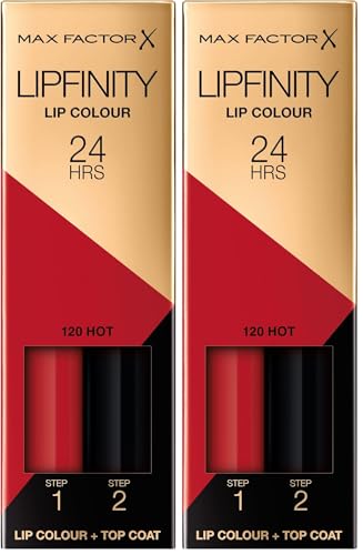 Max Factor - Lipfinity Lip Colour - Rossetto Lunga Durata e Gloss Idratante con Applicazione Bifase - Nuance 120 Hot - 2.3 ml e 1.9 g (Confezione da 2)
