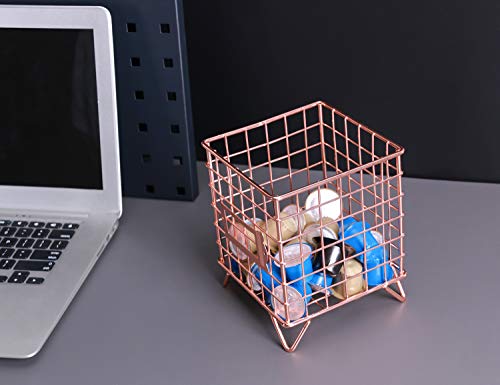 Simmer Stone Coffee Pod Holder, Wire Coffee Pod Storage Basket, Utility Pod Holder Organizer for Kitchen, Pantry, Office and Cafe, Size 5.3” x 6.3”, Rose Gold