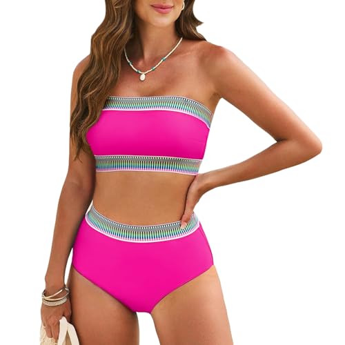 Pink Queen Tube Top Bikini Sets for Women Removable Strap Pad Color Block Two Piece Swimming Suit Swimwear X-Large Rose Red