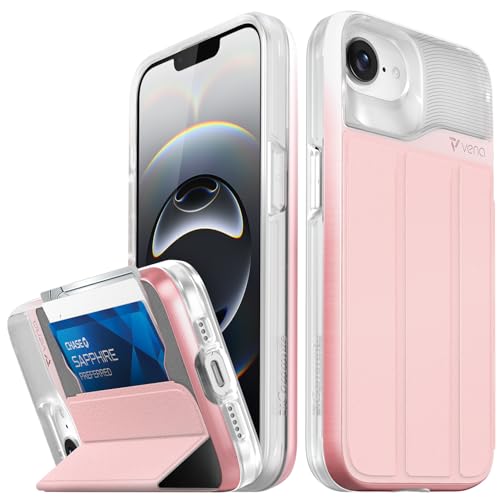 VENA vCommute Wallet Case Compatible with Apple iPhone 17e/16e (6.1"), (Military Grade Drop Protection) Flip Leather Cover Card Slot Holder with Kickstand - Pastel Pink
