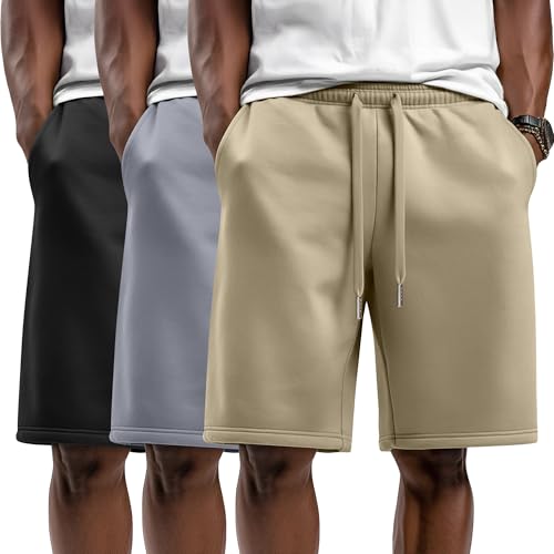 August Alley 3 Pack Mens Athletic Sweat Shorts Lightweight Summer Shorts Drawstring Elastic Waist Pants with Pockets(Large Khaki Light Gray Black)