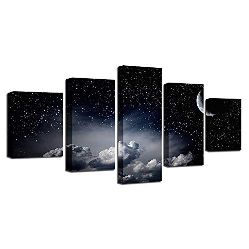Idee cadeau salon tableau moderne 5 pieces nuages et lune sans cadre