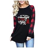 OutTop Women Christmas Graphic Tees Festival Plaid Long Sleeve Patchwork Crewneck Casual T Shirt...