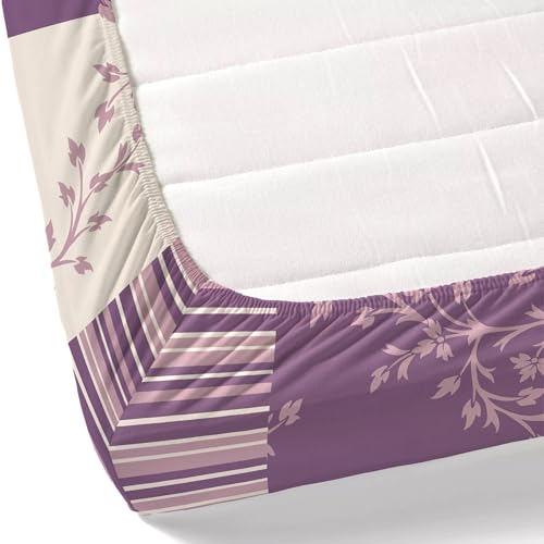 Image of Dreamscape 100% Cotton Fitted Floral Bedsheet For King Bed, 140 TC, 1 Bed Sheet (Size 72 x 78 Inches + 12 Inches Pocket) With 2 Pillow Covers, Purple