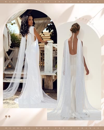 Chuarry Wedding Bridal Cape Detachable Sleeve Pearl Tulle Shawl Shoulder Capelet Veil Cloak Rhinestone Pin for Formal Dress3