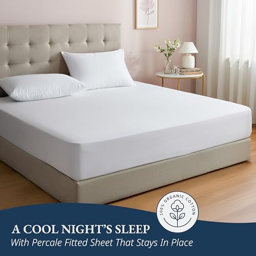 Image of 100% Organic Cotton White King Fitted Sheet, 3-Piece Set (1 Fitted Sheet, 2 Pillowcases), Percale Weave,Cotton Fitted Sheet, Ultra Soft, Breathable, GOTS Certified, Fits Mattress Upto 15 inch Deep - White