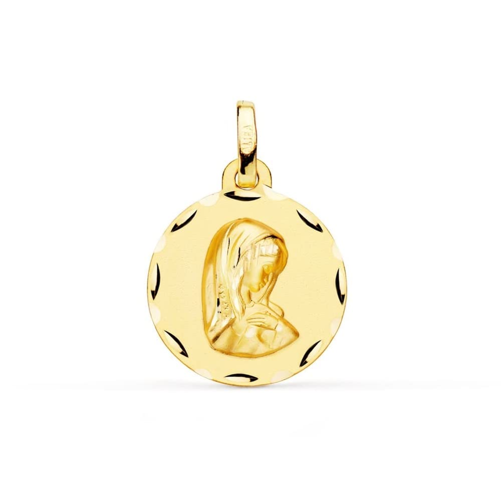 Virgen Niña medalla oro 18k Primera Comunión colgante 18mm. detalles tallados borde - Personalizable - GRABACIÓN INCLUIDA EN EL PRECIO