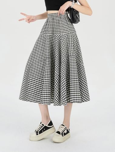 Womens 2024 Summer Plaid Midi Skirt High Waist A-Line Elastic Waist Pleated Swing Flowy Long Skirts3