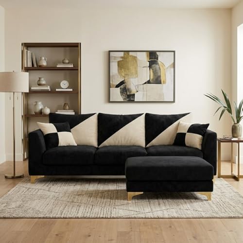 Image of Juliet 4 Seater L Shape Sofa Set with Movable Ottomans | Flexible Layout | Rich Velvet Suede Fabric | Silver Legs | Dual Tone Modern Sofa for Living Room (Black-Cream)