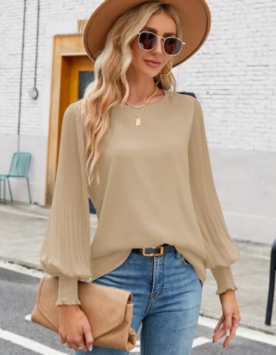 Image of Aifer Womens Tops Dressy Casual Long Sleeve Shirts Chiffon Blouses | Sheer Pleated Lantern Sleeves, Crew Neck, Back Keyhole, Versatile, Ideal for Office Workwear, Daily Outfits, Party Looks