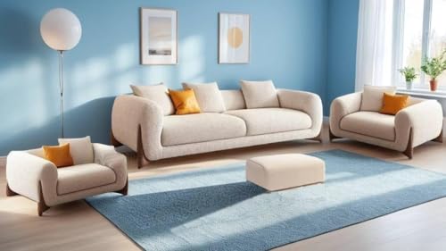 Image of Modern Sofa Chesterfield Design with Stylish Wooden Legs Bouncy Teddy Fabric Off-White Finish Sofa for Living Room, Bedroom, Hallways (3+1+1+Ottoman Off White)