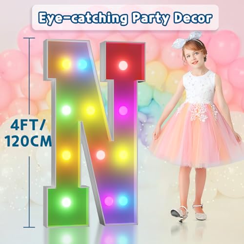 Image of Colorful Marquee Letters 4 Feet Tall, Large Light up Letters N | RGB with Remote, Birthday Party Decorations Anniversary Wedding Decorations Assembly Required 25 Pcs Accessory Set