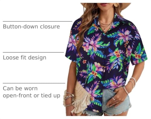Image of Women Hawaiian Shirt Button Down Summer Tops Beach Short Sleeve Blouse