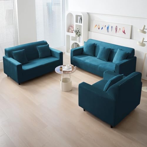 Image of HOKIPO 200 GSM Premium Velvet Sofa Cover 1 Seater Fully Covered, Peacock Blue (NEW-AR-4736-PBLU)