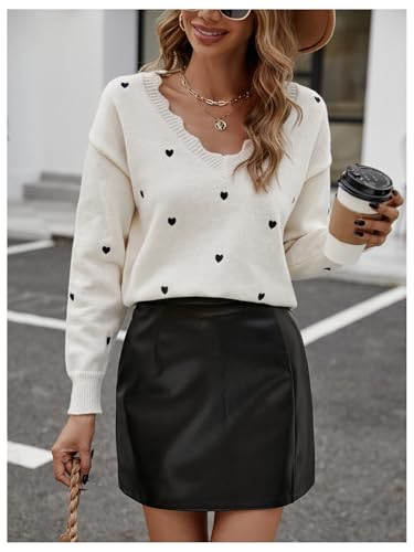 Image of BEAUDRM Women's Heart Pattern V Neck Sweater Scallop Trim Long Sleeve Pullover Tops Beige Small