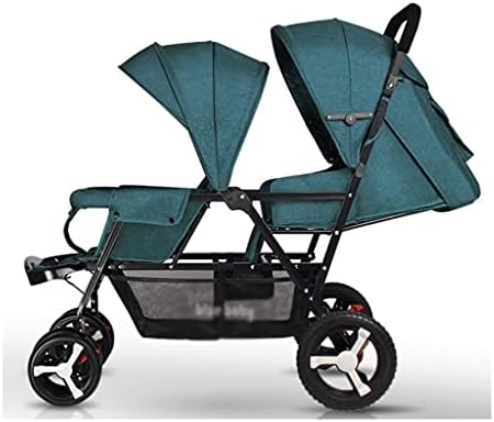 SHQ Twin Baby Stroller, one Button retraction Lightweight, Foldable Sitting and Reclining Double Strollers for Two Children Stroller Pram (Color : Dark Green+Black Tube)