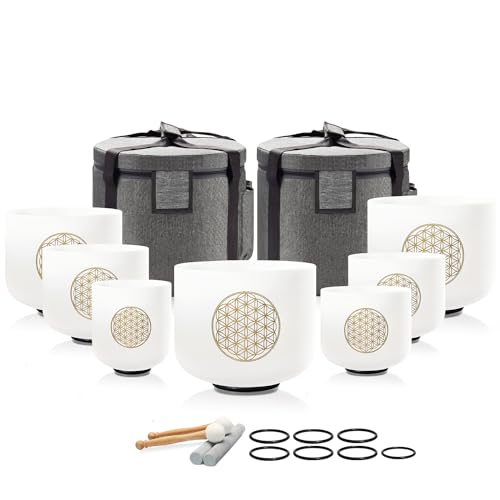 Lycrystal Singing Bowl 432 Hz Chakra 7PCS of 6-12 Inch Flower of Life Sound Bowl Meditation Set for Healing,Free 2 PCS Travel Carry Case Bag.
