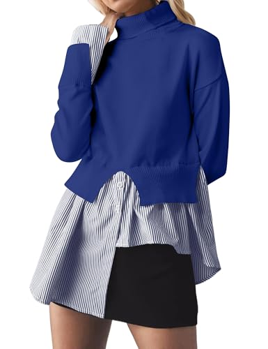 Image of Women Turtleneck Slit Patchwork Knit Pullover Sweater 2 in 1 Asymmetrical Hem Striped Button Down Shirt Tops