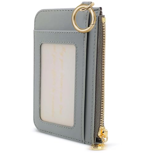 M-Plateau Key Chain Wallet Women, Credit Card Holder for Women with Metal Key Chain Ring for Car Keys,Ladies Mini Purse with ID Window and Zipper Pocket (Grey)