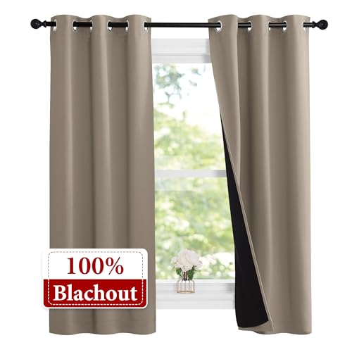 Image of NICETOWN 100% Blackout Short Curtains with Black Liners, Solid Thermal Insulated Full Blackout 2-Layer Lined Drapes, Energy Efficiency Window Draperies for Bedroom (2 Panels, 37 inch W by 63 inch L, Taupe)