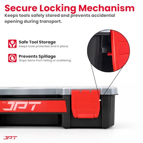 Image of JPT Small Ultra Heavy Duty Tool Organizer Box | Plastic Storage Case with Transparent Lid, 10 Compartments & 6 Removable Dividers | Portable Screws & Hardware Organiser