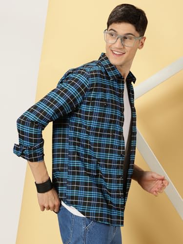 Image of Thomas Scott Men's | Checks | Full Sleeve | Slim Fit | Cotton Polyester Blend | Double Pocket | Spread Collar | Casual Shirt