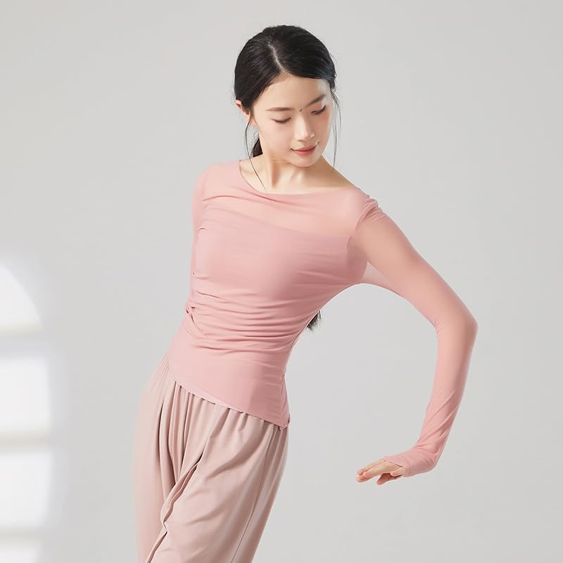 HEARTTOUCH Women Ballet Wrap Top Long Sleeve Dance Yoga Shirts Workout T Shirt Slim Fit Gym Tops Sport Pullover Shirts (Pink,X-Large)