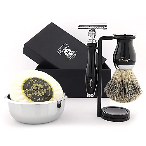 Haryali London Shaving Kit – 5 Pc Shaving Kit – Double Edge Safety Razor - Synthetic Hair Shaving Brush – Shaving Soap – Shaving Bowl – Shaving Stand – Black Color Shaving Set as Gift