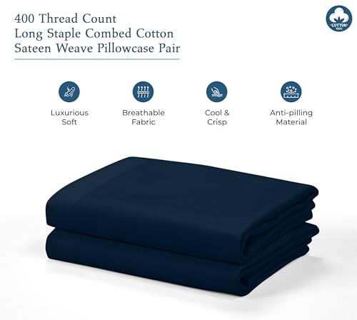 Image of Royale Linens 400 Thread Count 100% American Grown Cotton Queen Pillowcase Set - Luxury Sateen Queen Pillow case - 20 inchx30 inch Inch - Soft & Smooth Set of 2 Navy Pillowcases - (Queen, Rivera Navy)