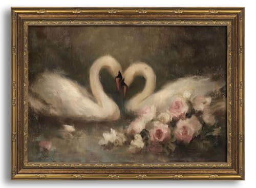 Image of Gold Framed 3D Textured Wall Art, Vintage Rose Swan Canvas Prints, Romantic Floral Heart Pictures Decor, French Country Couple Oil-Style Artwork for Living Room Bedroom Bathroom 11x9 in