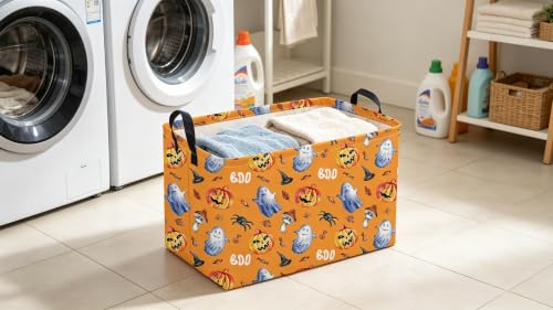 Image of Sanjiaofeng Rectangular Halloween Horror Ghost Storage Basket,Terrifying and Thrilling Party Basket,Halloween Candy Storage Baskets with Handles(Scary Pumpkin)