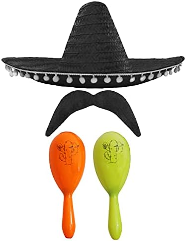 MEXICAN FANCY DRESS ACCESSORY SET - MEXICAN SOMBRERO WITH MARACAS AND TASH BLACK POM POM SOMBRERO + 2X GREEN MARACAS