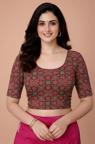 Image of Amazon Brand - Anarva Women's Kalamkari Print Cotton Stretchable Round Neck Readymade Saree Blouse