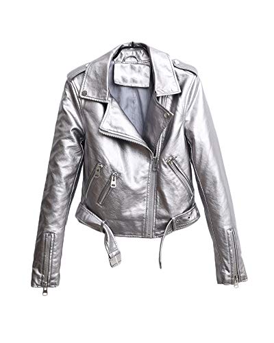Shaoyao Mujer Cazadora Cuero Artificial De Solapa Sintético Chaqueta De Moto Plateado M Cover