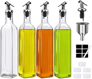 Fasiner 500ml Oil Dispenser Set, 4 Pack Olive Oil Bottles for Kitchen, Premium Glass Oil and Vinegar Bottles with Drizzlers, Pourers, Funnel, Labels