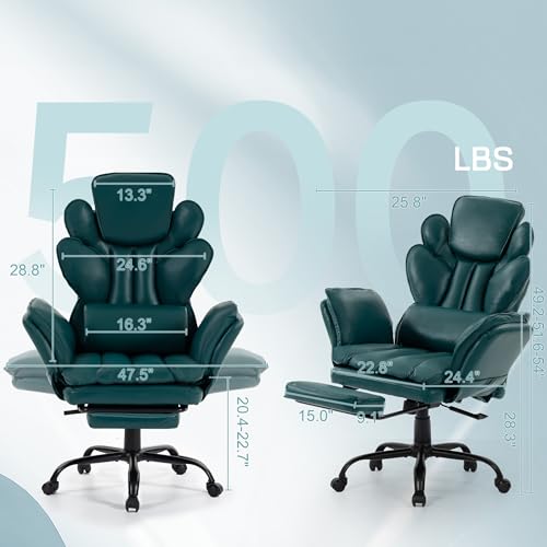 Image of Flip Armrests Criss Cross Office Chair, Reclining Office Chair with Foot Rest, Adjustable Headrest, Massage Waist Pillow, Cross Legged Big and Tall Desk Chair Wide Seat Vanity Chair, Green PU Leather