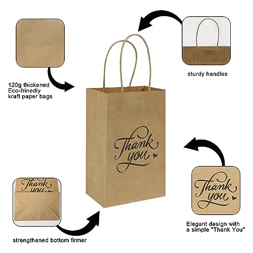 Image of bagmad 100pack 5.25x3.25x8 inch Brown Small Paper Bags with Handles Bulk, Gift Paper Bags, Kraft Birthday Party Favors Grocery Retail Shopping Bags, Craft Bags Takeouts Business (Thank You-Brown)