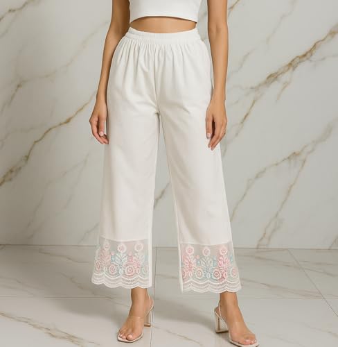 Image of TNQ Women Cotton Net Detailing Work Palazzo || Lace Palazzos || Flared Net Lace Palazzo for Women White