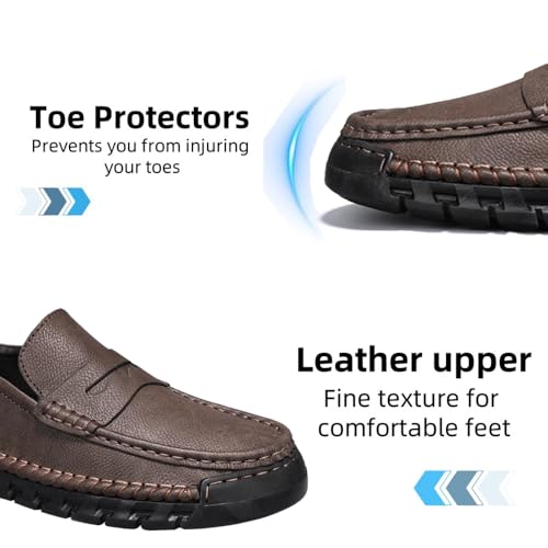 Asifn Men's Leather Loafers Comfortable Casual Slip-On Round Toe Shoes Hand-Stitched Non-Slip Daily Driving Office Walking Shoes3