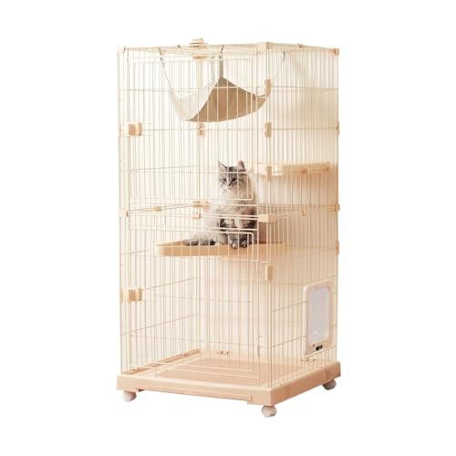 二段式ベージュキャットケージ 自由組み合わせ可能 キャスター付き トレー付き 猫ドア付き 多頭飼い用キャットハウス